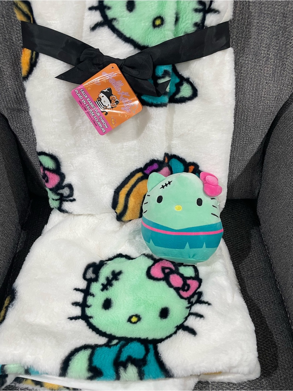 Hello Kitty Frankenstein Halloween Faux Fur Throw and Mini Squishmallow